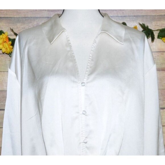 Sanctuary Ivory Button Front Collared Silky Blouse Top Size L V-Neck Career - Picture 2 of 12